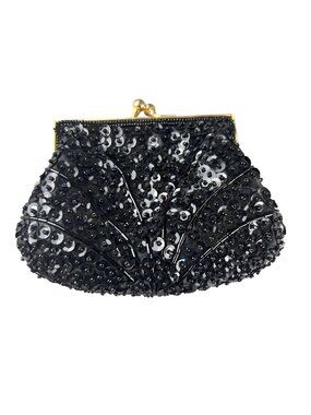 Vintage Mini Black Sequin Beaded Evening Bag Gold Frame Chain Accessory Lady